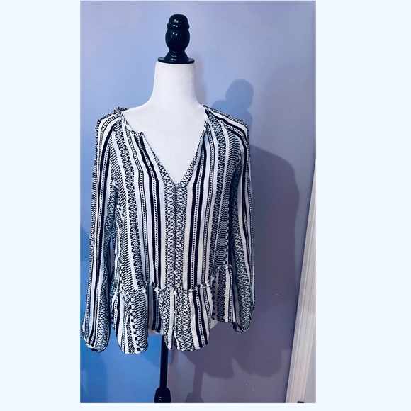 Anthropologie Keep in Touch Top White Black Geometric Stripe Peasant Blouse - Picture 5 of 5